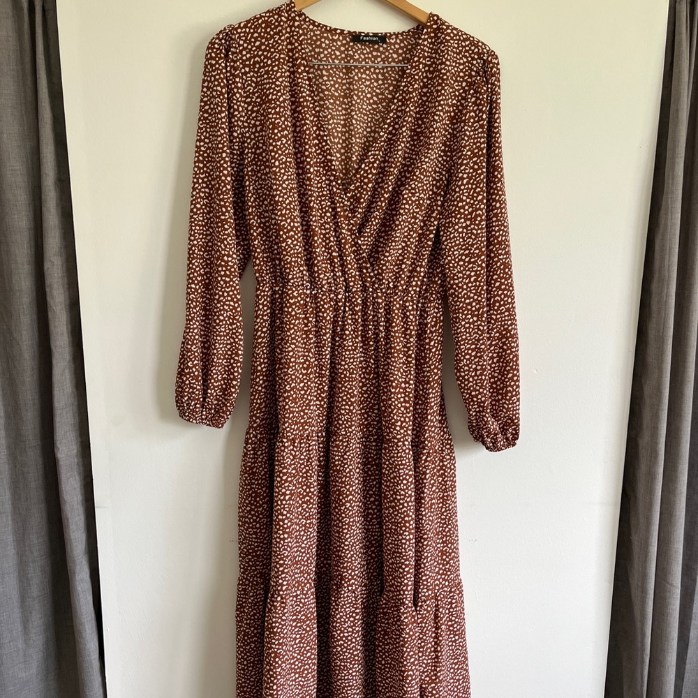 Amazon rust orange animal print long sleeve midi dress